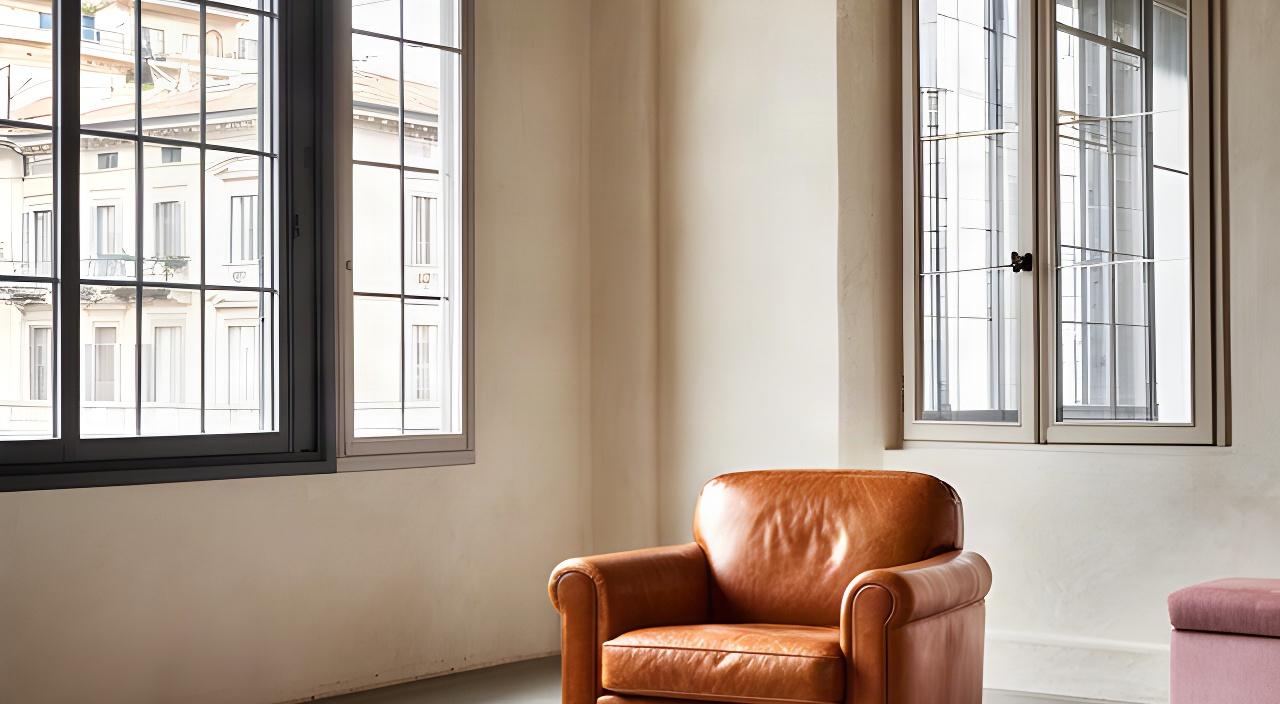 Poltrona in pelle color cuoio in un loft milanese luminoso con pareti in calce e grandi finestre