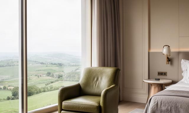 Suite di hotel di lusso con poltrona in pelle verde oliva accanto a una finestra panoramica